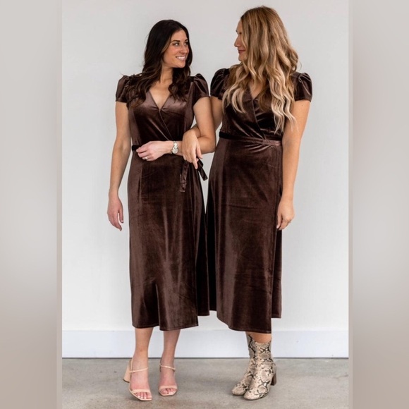 Saltwater Luxe Velour Wrap Belted Midi Dress in Brown - Picture 1 of 13